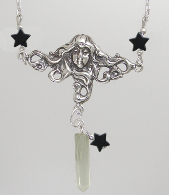 Sterling Silver Woman Maiden of the Morning Star Necklace With Clear Quartz And Black Stars